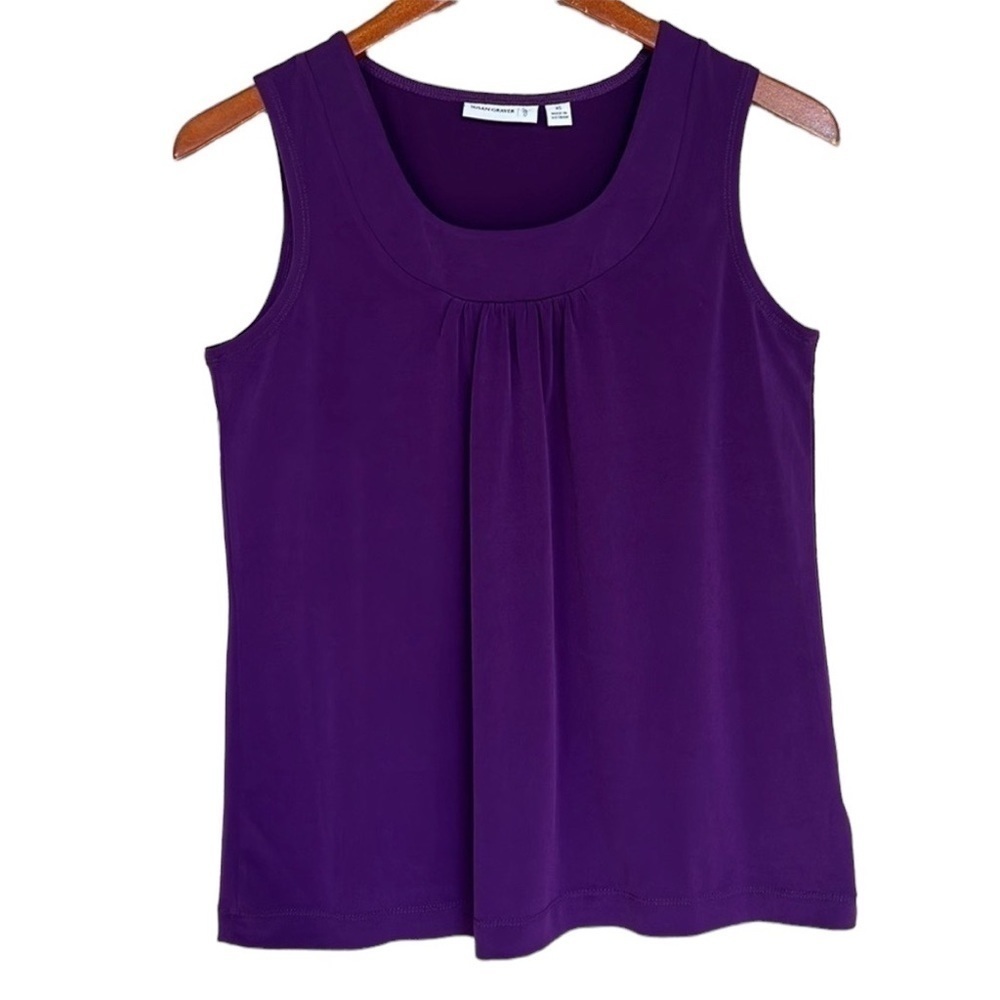 Susan Graver Purple Sleeveless Pleated Scoop Neck Stretch Top XS